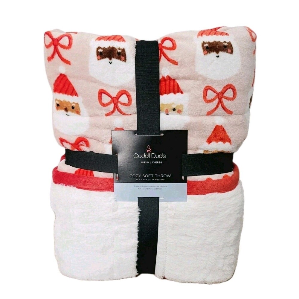 Cuddl Duds Super Soft Christmas Santa Reversible Faux Sherpa Throw 50x60